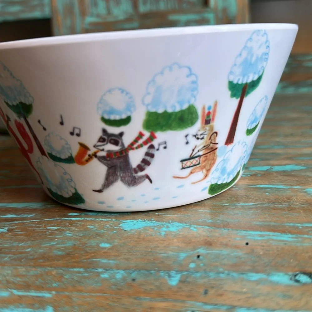 Crate & Barrel Holiday Melamine Bowls Set of 2 Animals Music Whimsical
